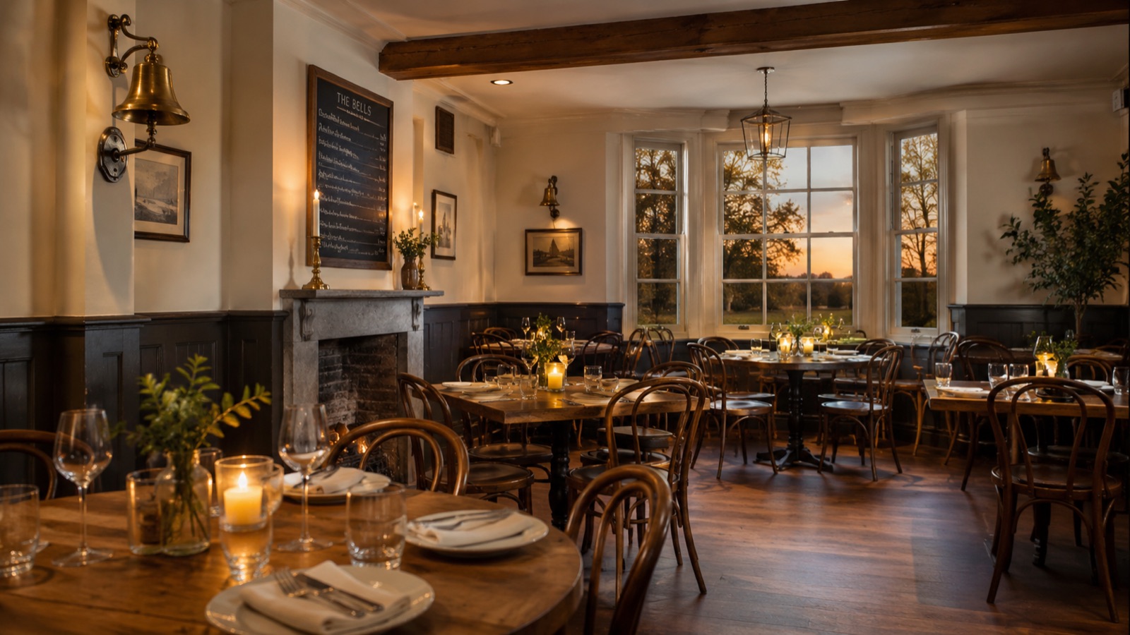 The warm dining room of the Bulldog & Bell restaurant