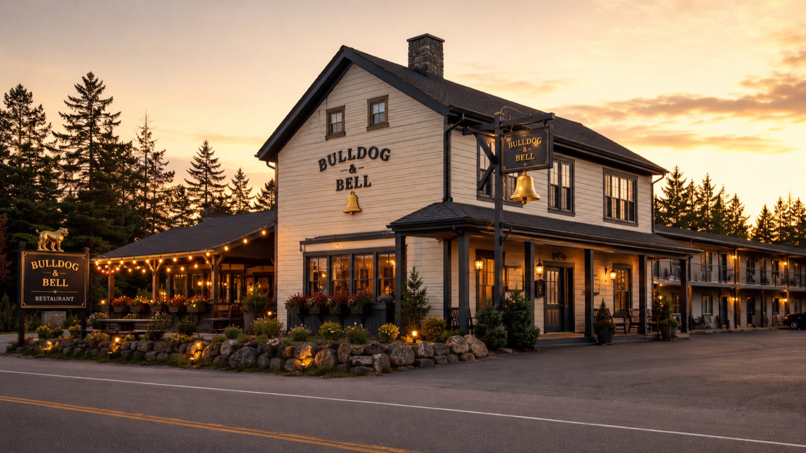 The Bulldog & Bell motel and restaurant at golden hour