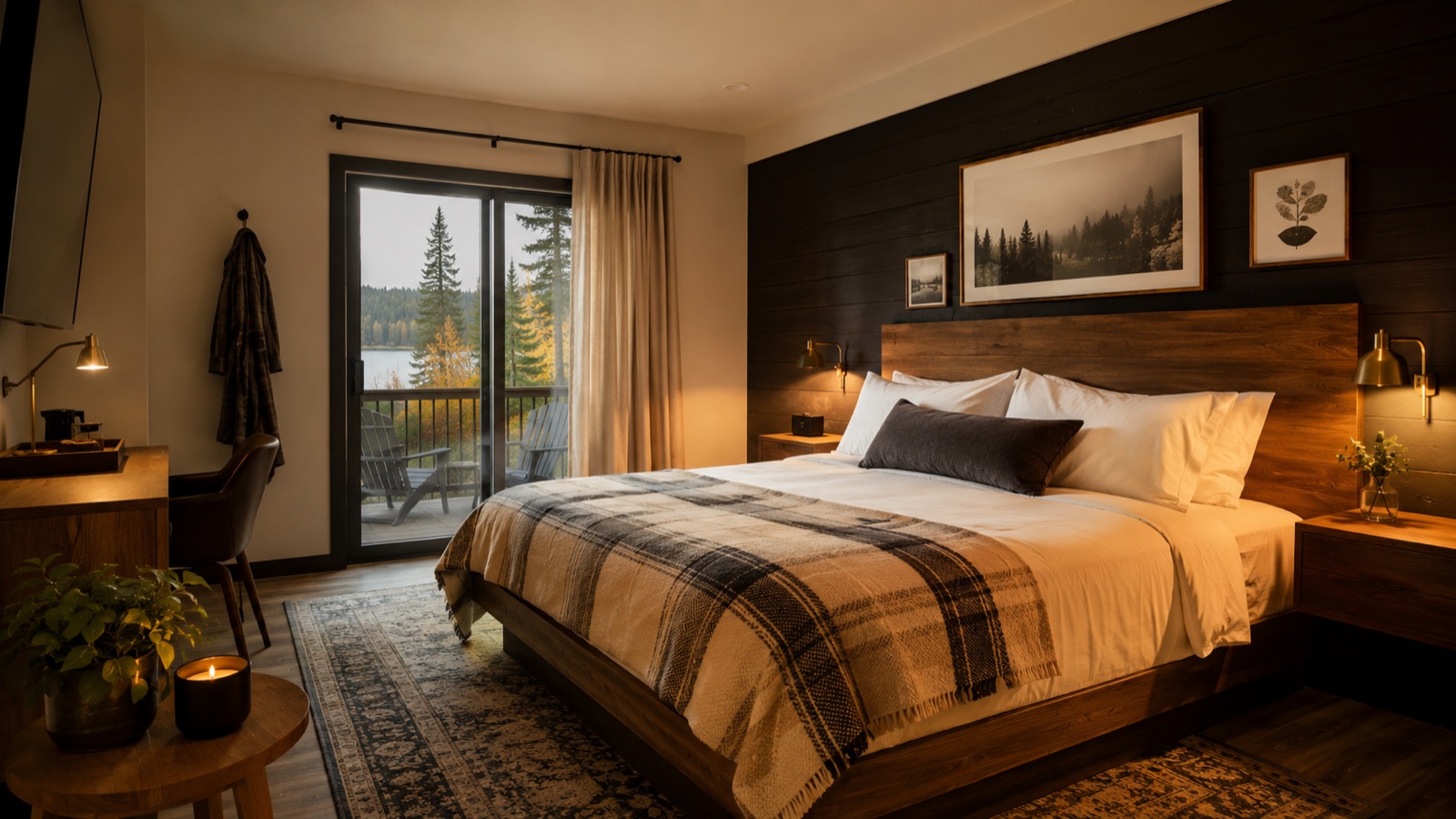 A warm boutique motel room with wood headboard and cozy bedding