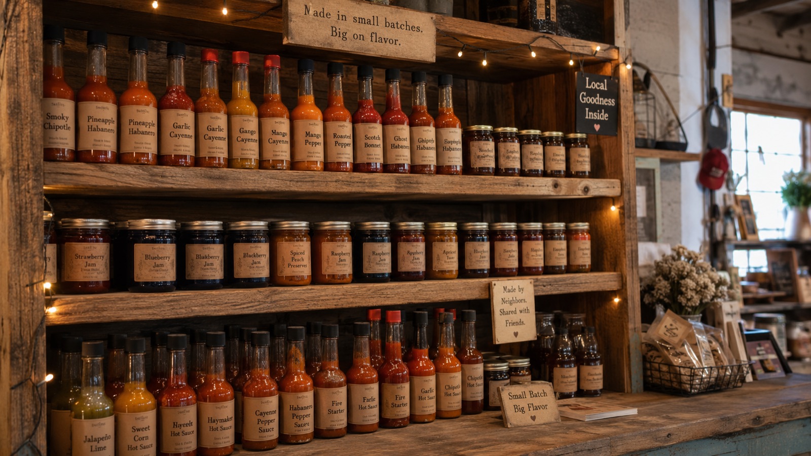 Shelves of small-batch hot sauces and preserves in the storefront